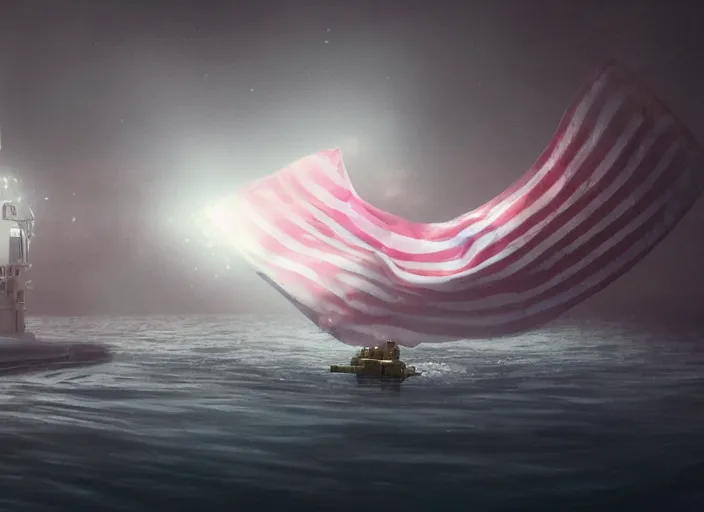 Image similar to a pink donut with an american flag sticking out of it in an underwater desert. a submarine is visible in the distance. dark, concept art, cinematic, dramatic, atmospheric, 8 k, trending on artstation, blue, fish, low visibility, light rays, extremely coherent, bubbles, fog, ocean floor, christopher nolan, interstellar