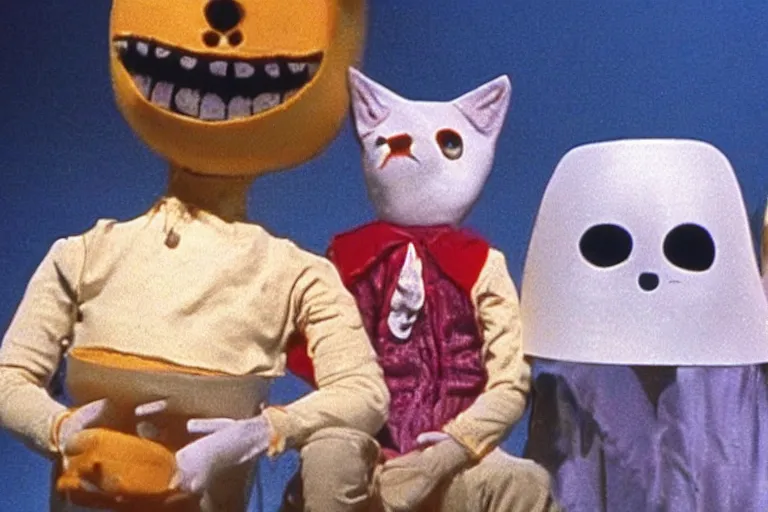 Prompt: still frame from a surreal 1979 children's tv show with pirates, ghost cats, and a sad cheese puppet