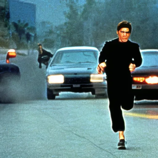 Prompt: cinematic still from 9 0 s action movie of tom cruise running