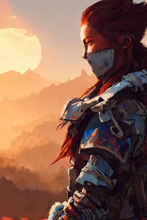 Image similar to combination suit armor aloy horizon forbidden west horizon zero dawn radiating a glowing aura global illumination ray tracing hdr fanart arstation by ian pesty and alena aenami artworks in 4 k tribal robot ninja mask helmet backpack