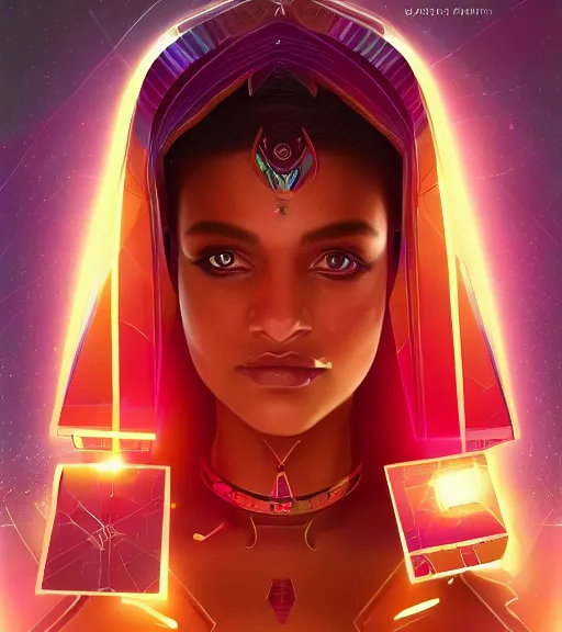 Image similar to symmetry!! egyptian princess of technology, solid cube of light, hard edges, product render retro - futuristic poster scifi, lasers and neon circuits, beautiful brown skin woman egyptian princess, intricate, elegant, highly detailed, digital painting, artstation, concept art, smooth, sharp focus, illustration, dreamlike, art by artgerm