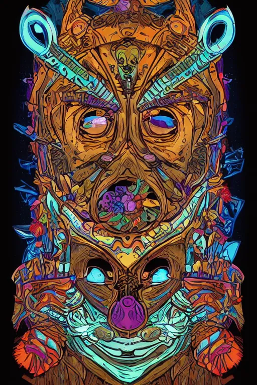 Image similar to animal mask totem roots flower tribal feather gemstone plant wood rock shaman vodoo video game vector cutout illustration vivid multicolor borderlands comics by josan gonzales and dan mumford radiating a glowing aura