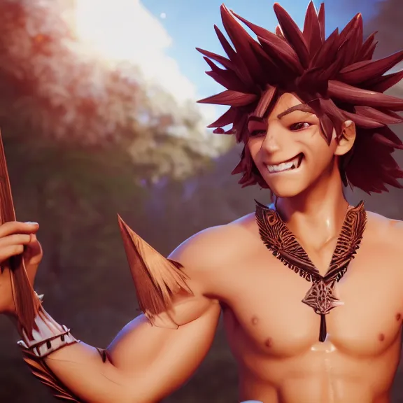 Image similar to 3D render of a cute tribal anime boy in a loincloth, fantasy artwork, fluffy hair, mid-shot, award winning, hyper detailed, very very very beautiful, studio lighting, artstation, unreal engine, unreal 5, 4k, octane renderer