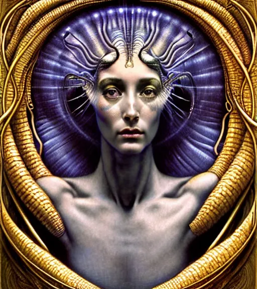Prompt: detailed realistic beautiful young cher alien robot as queen of andromeda galaxy portrait by gustave dore and marco mazzoni, art nouveau, symbolist, visionary, baroque, giant fractal details. horizontal symmetry by zdzisław beksinski, iris van herpen, raymond swanland and alphonse mucha. highly detailed, hyper - real, beautiful