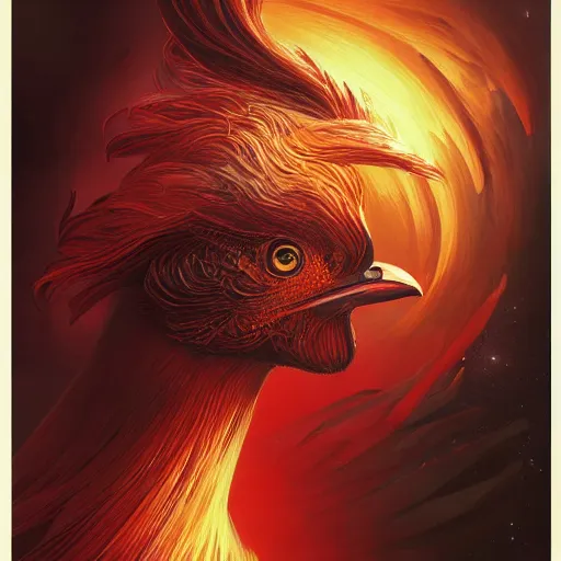 Image similar to Portrait of a Black Chicken in space, fire red comb, dark fantasy, intricate, elegant, highly detailed, digital painting, artstation, concept art, smooth, sharp focus, illustration, art by Sam Youn and Fernanda Suarez and Artem Demura and alphonse mucha