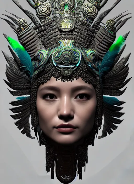 Image similar to 3 d goddess profile portrait. beautiful intricate highly detailed quetzalcoatl helmet and feathers. low - key lighting, bioluminescent, plasma, lava, ice, water, wind, creature, thunderstorm! artwork by tooth wu and wlop and beeple and greg rutkowski, 8 k trending on artstation,