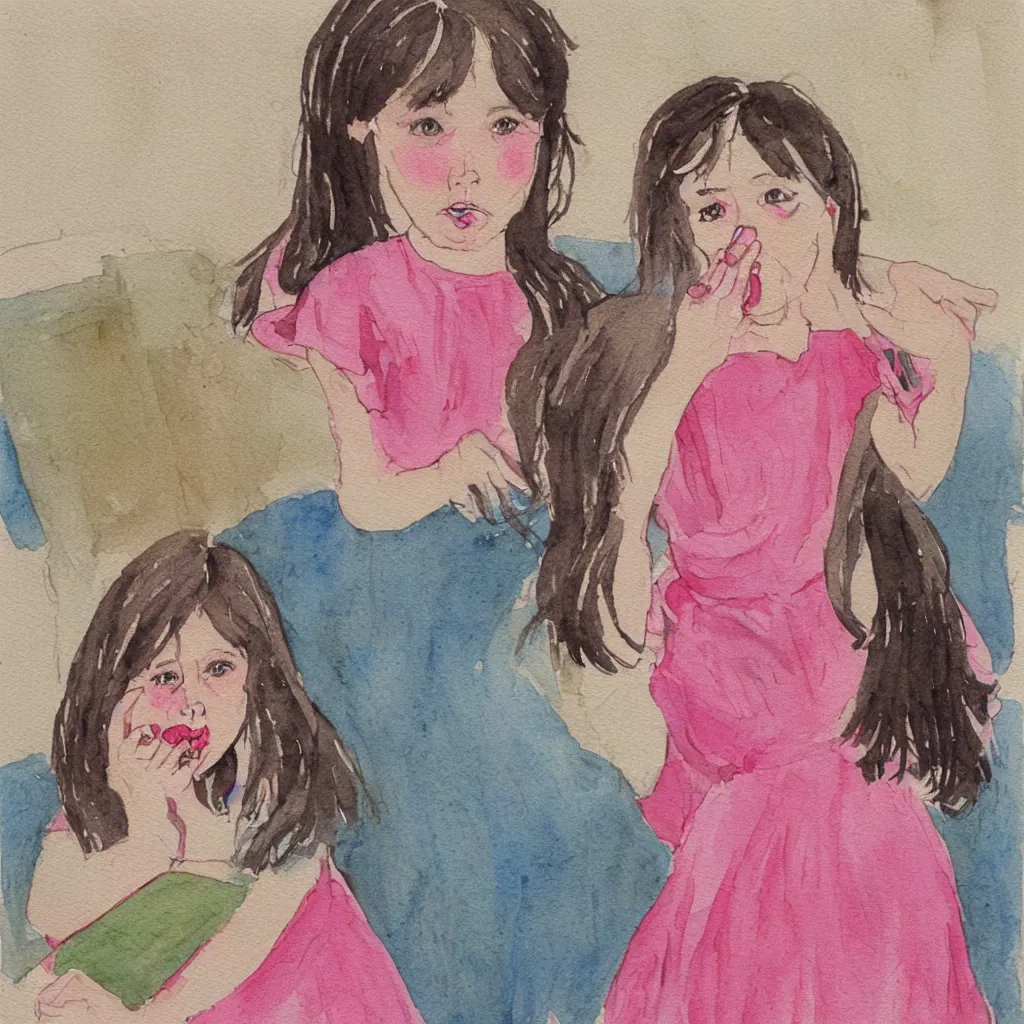 Image similar to a dark haired young girl in a pink dress, shocked expression, hand over mouth, 1990s bedroom, children's book illustration, watercolor, line drawing