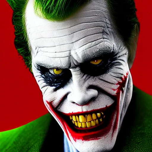 Image similar to willem dafoe as the joker, movie poster, superrealism, quality, post - production, image depth, focus, fine details, skin pores, makeup, 8 k