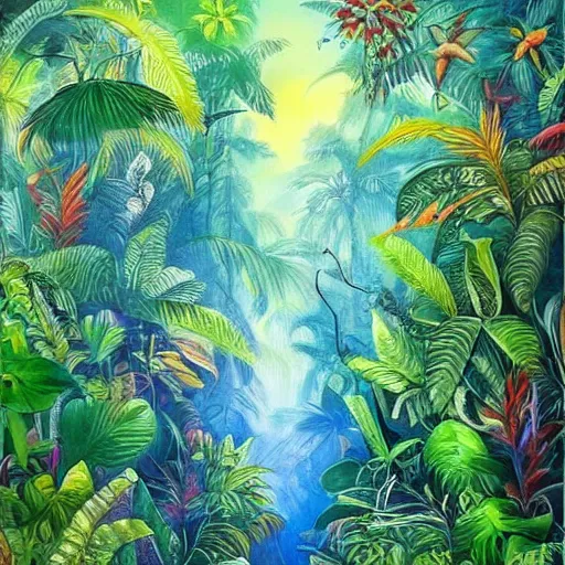 Prompt: beautiful painting of a jungle, magic realism
