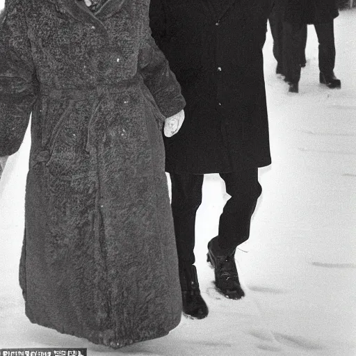 Prompt: Olof Palme and his wife peacefully strolling down Sveavägen in Stockholm a winter evening in 1986