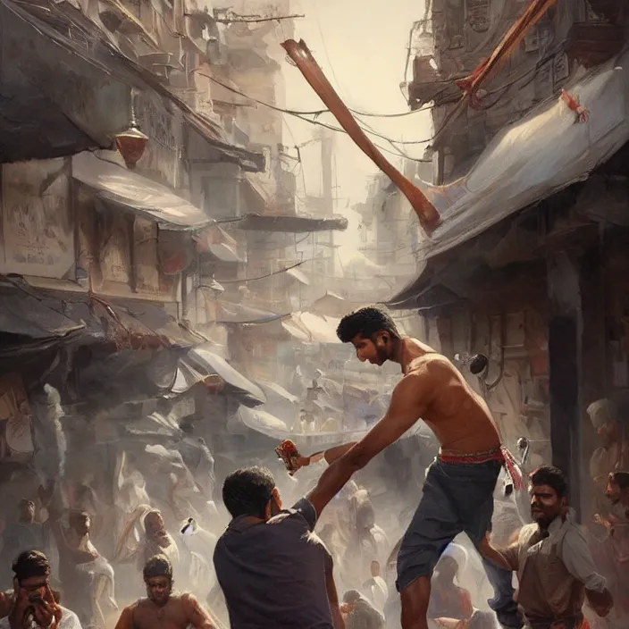 Image similar to portrait of tall indian man punching a short white man outside a bar, elegant, real life skin, intricate artwork, high detailed, artstation, concept art, smooth, sharpz focus, art by artgerm and greg rutkowski