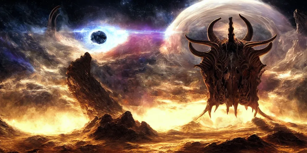 Image similar to cinematic shot of a gothic sci-fi spaceship, demonic goat skull, epic nebula, planetary landing, Dan Seagrave art