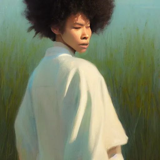 Image similar to girl with afro, in kimono, closeup portrait backview, low angle, jeremy lipking, tim rees, joseph todorovitch