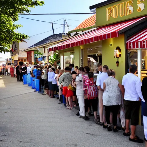 Image similar to a long line of rich customers waiting outside a small ice cream shack called 'four seas' they make premium ice cream.