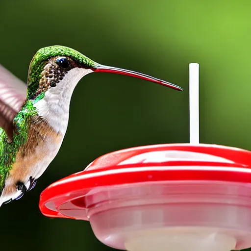 Prompt: photograph, a hummingbird drinking a milkshake from a straw, cherry on top