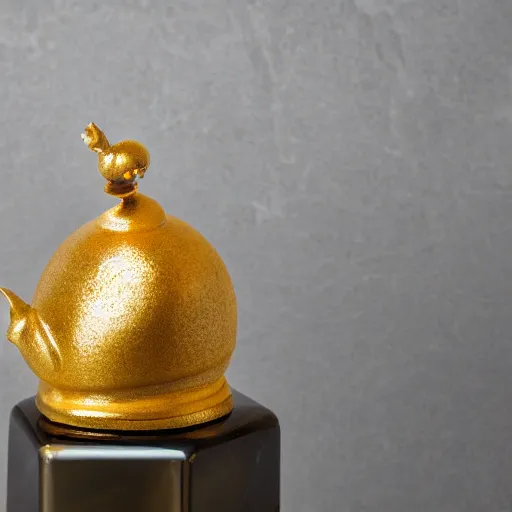 Image similar to golden snail award trophy on top of a marble pillar, white background, soft lighting