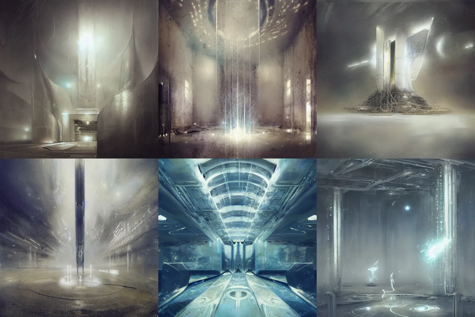 Prompt: a futuristic spaceport by cy Twombly and BASTIEN LECOUFFE DEHARME, silver White and gold, iridescent, volumetric lighting
