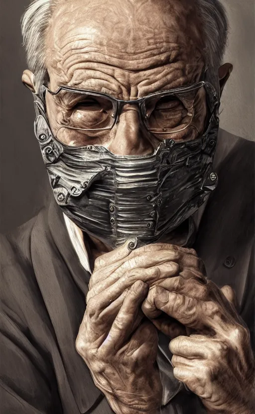 Prompt: old man doing hard work with their mask, do what we can, then leave it to god, non fiction, baroque, confidently, consistency, stability, elegantly, highly detailed, 8 k uhd, justify content center, artstation, concept art, matte, sharp focus, illustration, art by artgerm and paul lung and samuel silva