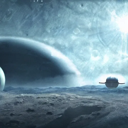 Prompt: concept art of spacecraft arriving at the last habitable planet, shot from a horror film