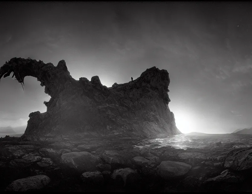 Image similar to wanderer, eerie, greek fantasy panorama, a magnificent lizard ghost giant above the magic shining river styx, at night, otherworldly, ghost giant above the horizon, stanley kubrick, 1 7 mm, wide shot, surreal, deep