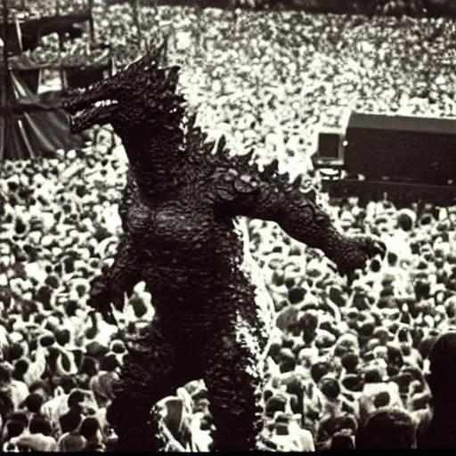Image similar to a human sized Godzilla performing on stage at Woodstock, photo