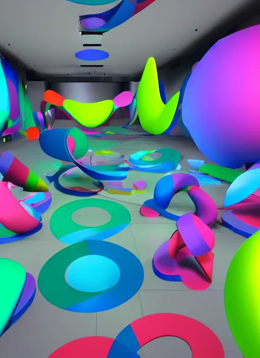 Image similar to : hyperbolic color abstract shapes art installation in museum zbrush dalle2 3d render unity unrealengine octane