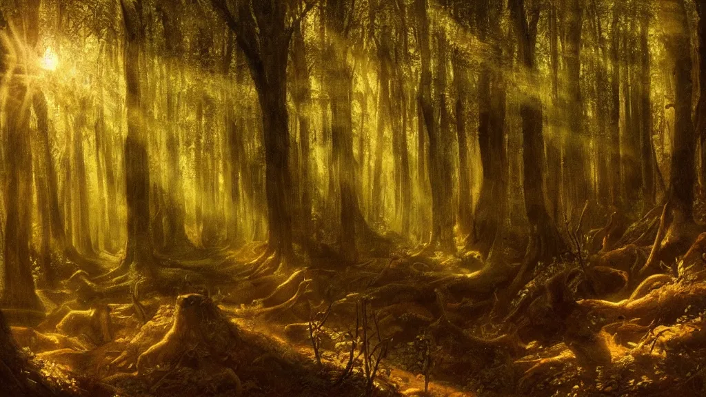 Image similar to A Leonardo da Vinci oil painting of a hauntingly beautiful elven forest in the morning; rays of light coming through the canopy; trending on artstation; extraordinary masterpiece!!!!!!; 8k