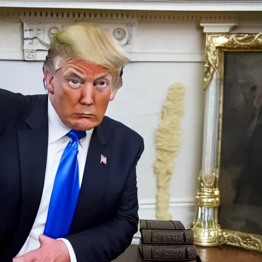 Prompt: Trump drunk in the Oval Office, newspaper picture, pulitzer-prized photo