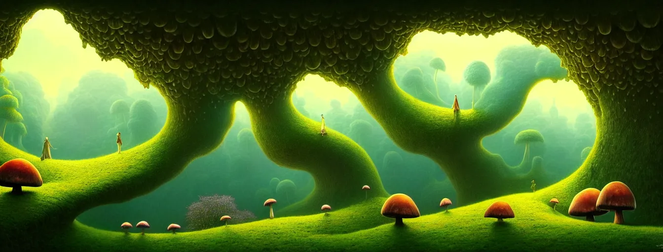 Image similar to gediminas pranckevicius beautiful and stunning professional digital artwork of a glowing mushroom cave, haze, spores floating in the air, vines, water, volumetric lighting, hyperrealistic, rtx on, ultra detail, barlowe wayne, maxfield parrish and marco mazzoni, miniature | no signature!