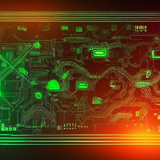 Image similar to futuristic signals, FUI, HUD, futuristic holographic UI floating over microchip paradise of circuitry and futuristic technology
