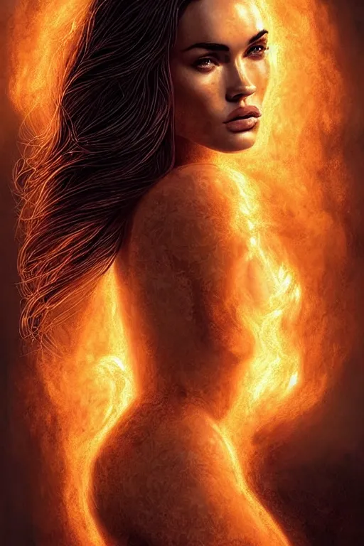 Prompt: majestic and regal portrait of a beautiful young megan fox fire goddess!!, intricate, epic, elegant, menacing, fantasy, highly detailed, digital painting, hard focus, beautiful volumetric lighting, epic light, ultra detailed, souls, smoke, by leesha hannigan, ross tran, thierry doizon, kai carpenter, ignacio fernandez rios