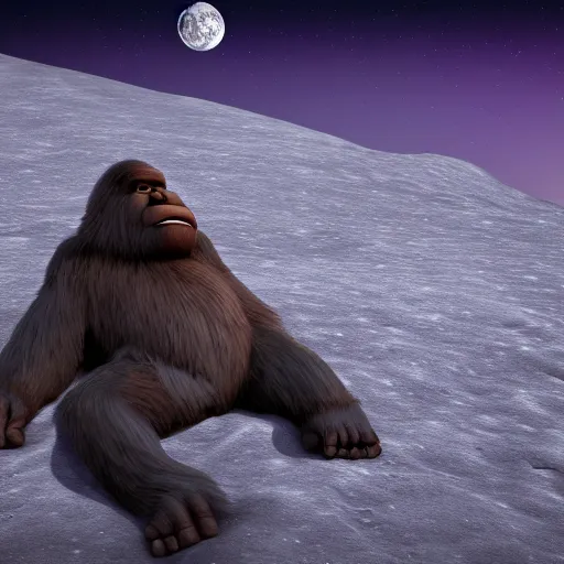 Image similar to Bigfoot sleeping on the moon, beautiful lighting,,digital art , highly detailed , high contrast, beautiful lighting, award winning , trending on art station, 8k, photo realistic,unreal engine 5