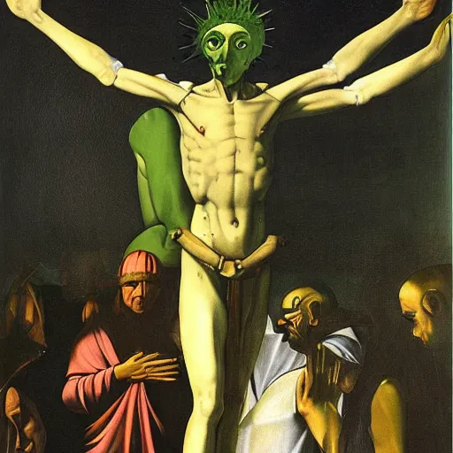 Prompt: a futuristic crucifixion of a green alien messie, great sadness, painting, style of caravaggio