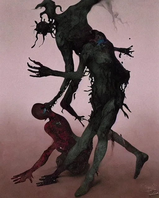 Image similar to Two dark figures dancing in the cold decayed factor in the style of Francis Bacon, Esao Andrews, Zdzisław Beksiński, Edward Hopper, painted by James Gilleard, surrealism, airbrush, very coherent, triadic color scheme, art by Takato Yamamoto and James Jean