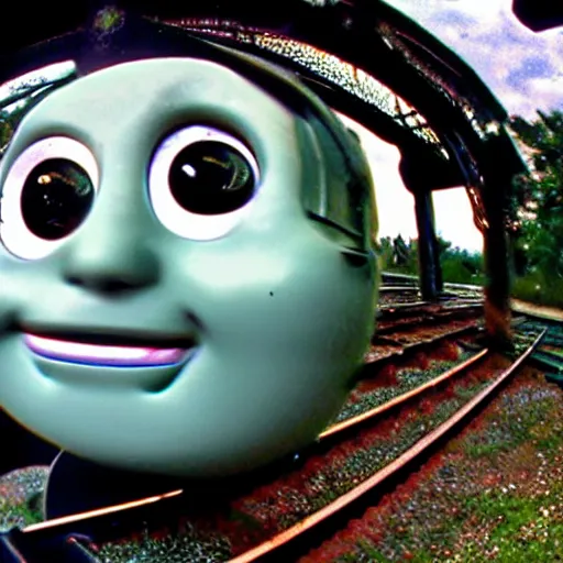 Prompt: creepy found footage of Thomas the tank engine, super close-up zoom fish eye staring at you terrifying