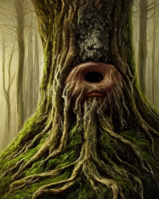 Image similar to a talking oak tree, a face in the bark, nose made of wood, eyes in the bark, fantasy concept art, leaves and moss, digital painting, oil painting, hyperrealistic, beautiful, treebeard, ent, highly detailed, soft lighting, golden sunlight, very detailed eyes, artstation, cgsociety, in the forest, by alan lee, by artgerm