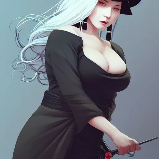 Prompt: curvy female with long detailed white hair, black dress with belt, silver necklace and earrings, solid background color, digital art, illustration, smooth color, moody lighting, medium close up, vibrant watercolor, wenjun lin, studio ghibli, pixiv, artgerm, greg rutkowski, ilya kuvshinov