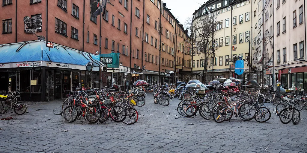 Image similar to Hordes of Zombies in Stockholm, Sweden, Intersection, Storefront, alleyway, chairs, table, city street lights, clumps of cables, abandoned cars, smoke, umbrella, convenience store, dusk sky, dingy city street, exiting store, getting groceries, hilly road, Swedish writing, looking down street, moped, raining, smoking outside, tan suit, wet road, wet street, white shoes, wires hanging above street, wires in background, very high quality photography, dusk, cinematic.