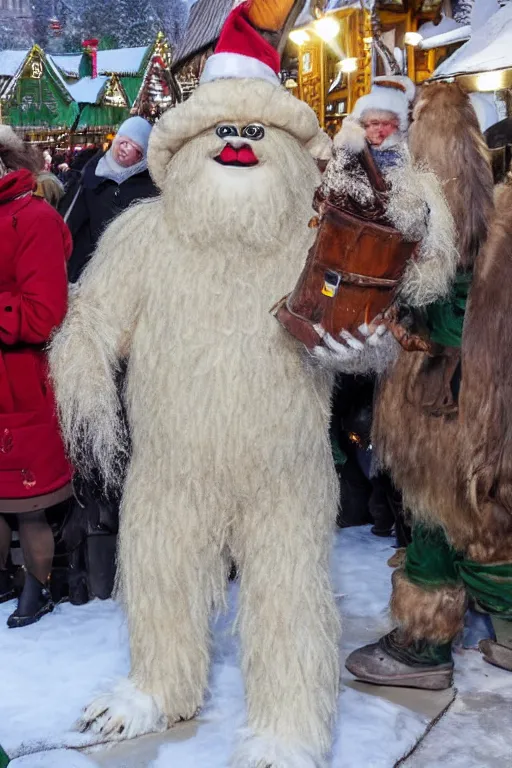 Prompt: a very cute, cream colored and very furry yeti wearing lederhosen singing carols in a German Christmas market, very detailed