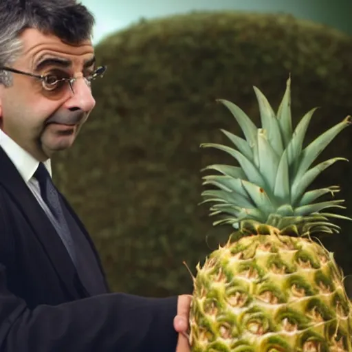 Prompt: rowan atkinson as mr. beans stealing a pineapple from target with a focused face, realistic photo, uhd