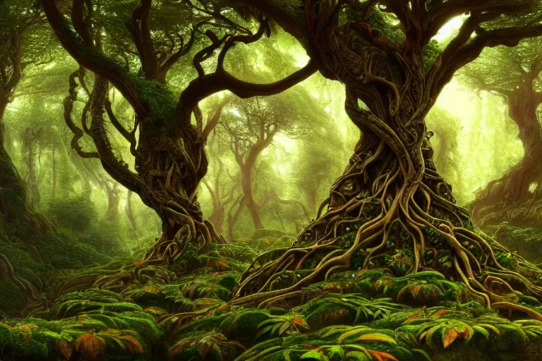 Image similar to a beautiful and highly detailed digital painting of an elven tree with celtic roots in a lush forest, psychedelic patterns, intricate details, epic scale, 8 k, sharp focus, photorealism, artstation, cgsociety, by caspar friedrich, albert bierstadt, james gurney, brian froud,