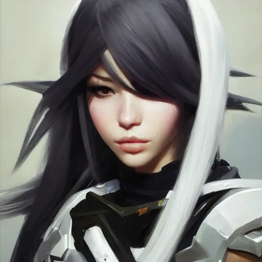 Image similar to greg manchess portrait painting of a 2 yorha type a no. 2 as overwatch character, white long hair, organic painting, sunny day, matte painting, bold shapes, hard edges, street art, trending on artstation, by huang guangjian and gil elvgren and sachin teng