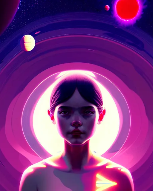 Prompt: girl in space, floating beside planets, symmetrical face and body, symmetrical composition, dynamic wavey hair, detailed designs, digital painting, 4 k, by ilya kuvshinov, by greg rutkowski, atmospheric lighting