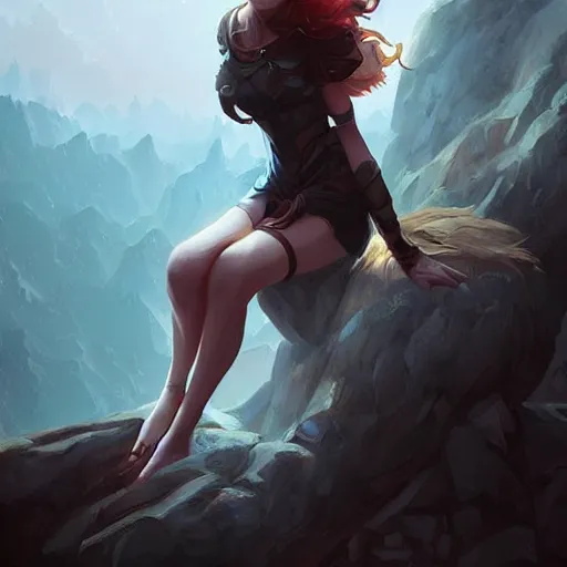 Prompt: woman perched on a rock fantasy digital art by guweiz trending on artstation