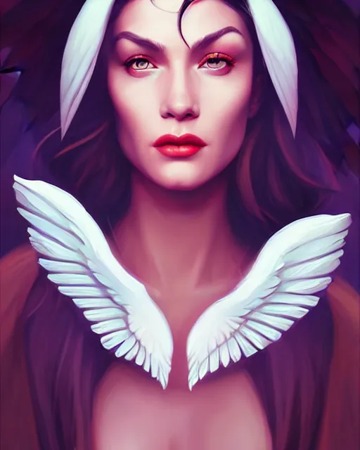 Image similar to portrait of a powerful pretty woman with wings, digital painting, artstation, concept art, smooth, sharp focus, illustration, disney, symmetry face, fine details. art by alex ross, brittney lee