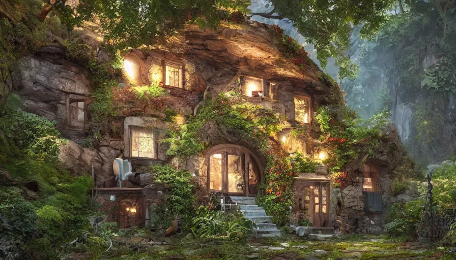 Prompt: Small house with garden built in an underground cave, wide angle, hyperdetailed, artstation, cgsociety, 8k