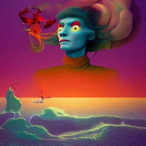 Image similar to colourful breathtakingly weird beautiful powerful magical wonderfully majestic beautifully cool character by michael whelan and moebius and beeple and dan mcpharlin and pascal blanche and jamie hewlett and richard dadd, symmetrical, serene expression, magical stormy reflections, smoke on water, 8 k artstation