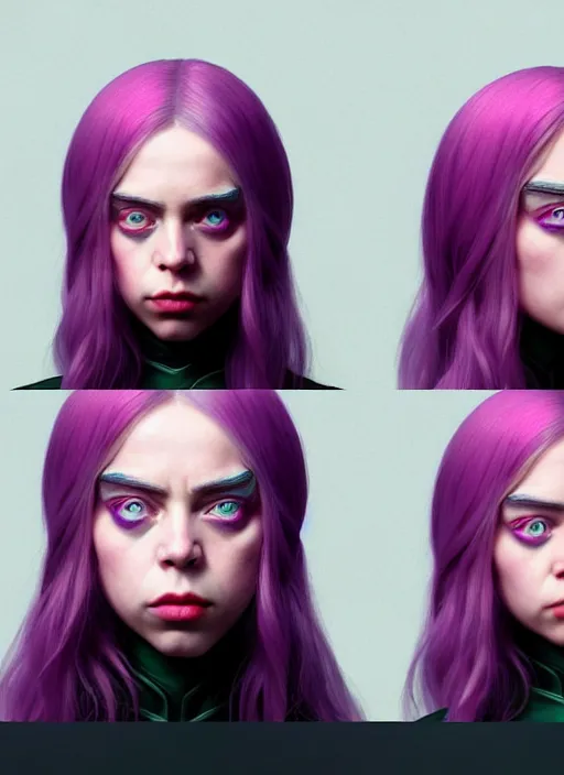 Prompt: Billie Eilish as Female Loki, beautiful facial symmetry, rose pink skin, very detailed, digital art, trending on artstation, smooth render, 8k octane render, digital illustration, by Katsuhiro Otomo and Shigeru Miyamoto and Ian Sprigger