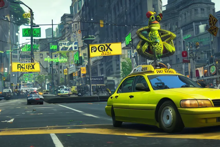 Image similar to ps4 game about a frog driving a taxi, unreal 4 screenshot,