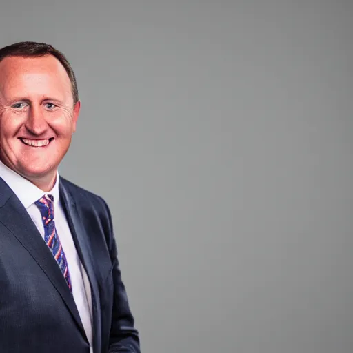 Image similar to a beautiful studio photo portrait of john key, happy and smiling